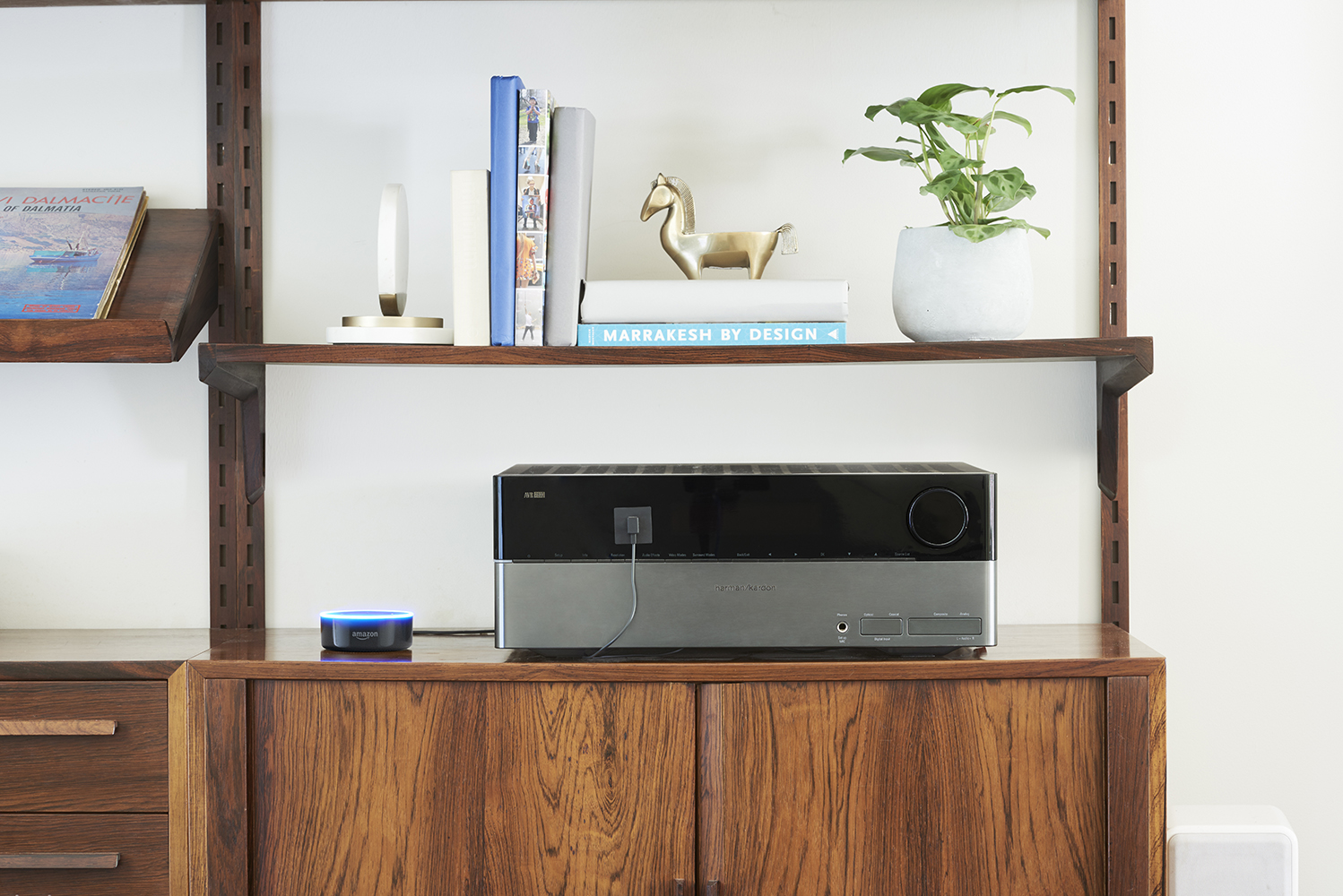 Echo Dot on a shelf with a speaker