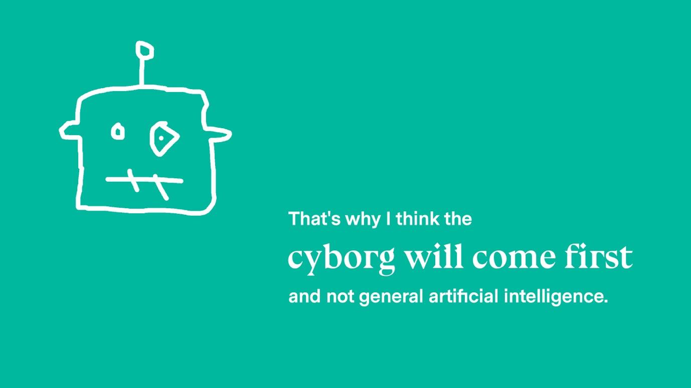 An image with Locher’s prediction that we will become cyborgs before general AI arrives